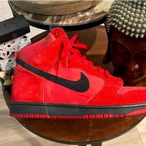 Red and Black Nike Dunks Suede Sneakers